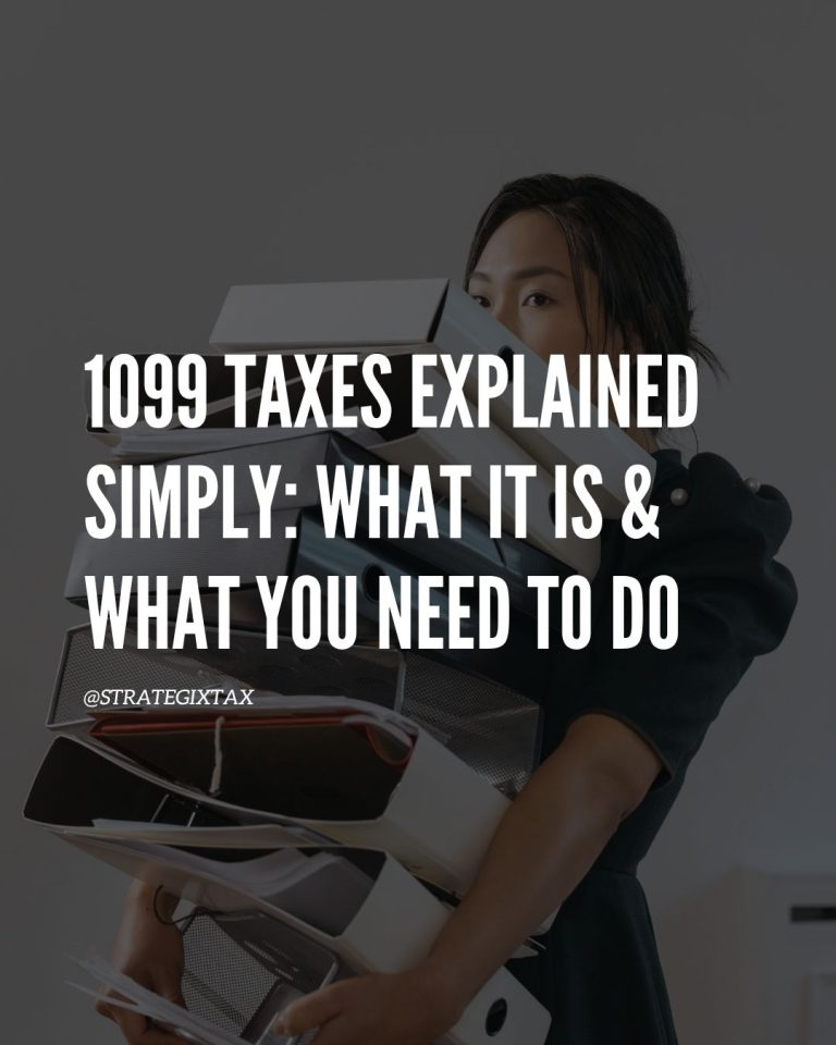 a cover photo of the article "1099 Taxes Explained Simply: What It Is & What You Need to Do" by strategixtascolutions.com; the background is a woman carrying a stack of large 3-ring binders.