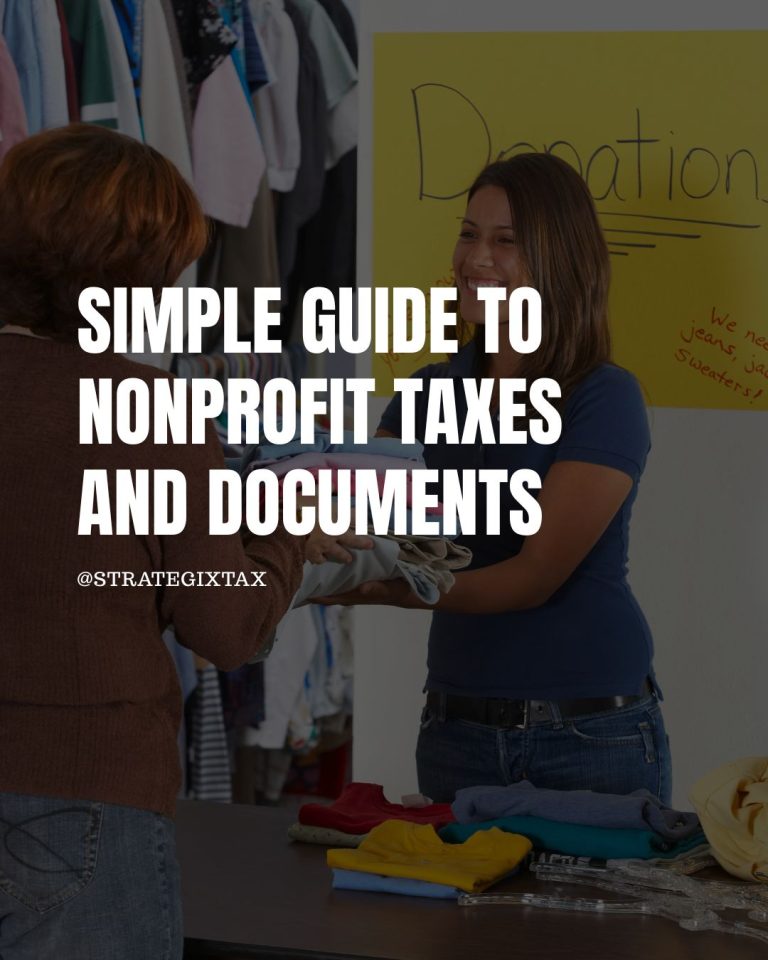 cover for article "Simple guide to nonprofit taxes and documents" background of a woman handing her donations to a volunteer is darkened
