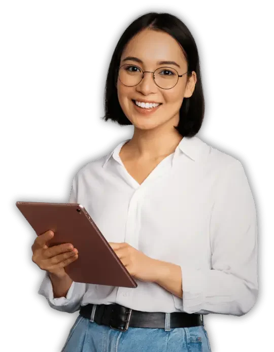 asian woman smiling holding a tablet